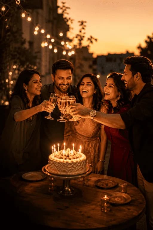 Friends raising a toast at an adult birthday celebration