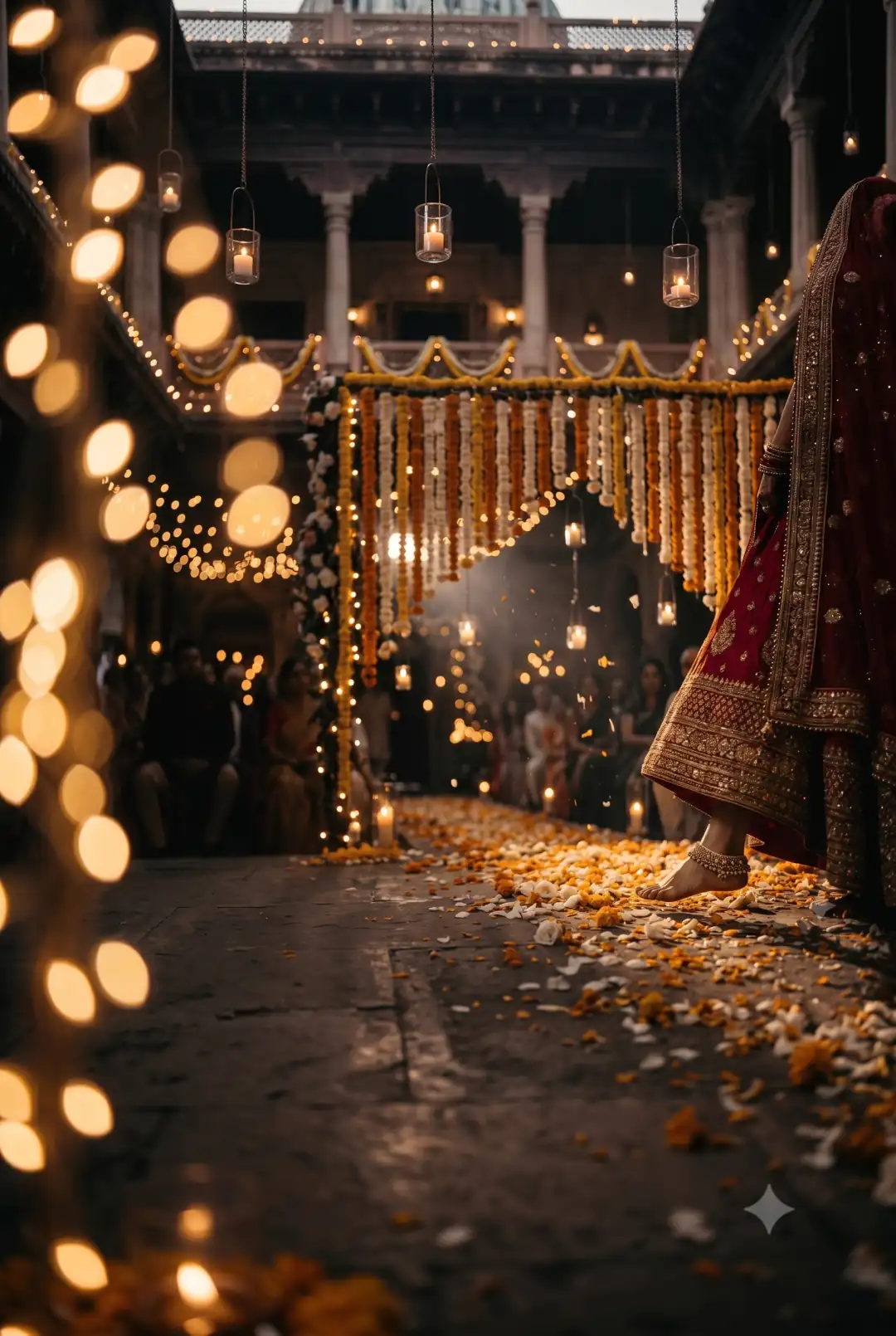A bride mid step down a marigold strewn aisle, guests watching in the candlelight