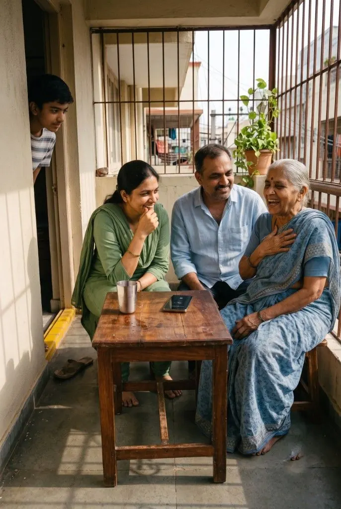 A family on a sunlit balcony, gathered around a phone on the table, the grandmother already laughing at her name in the song