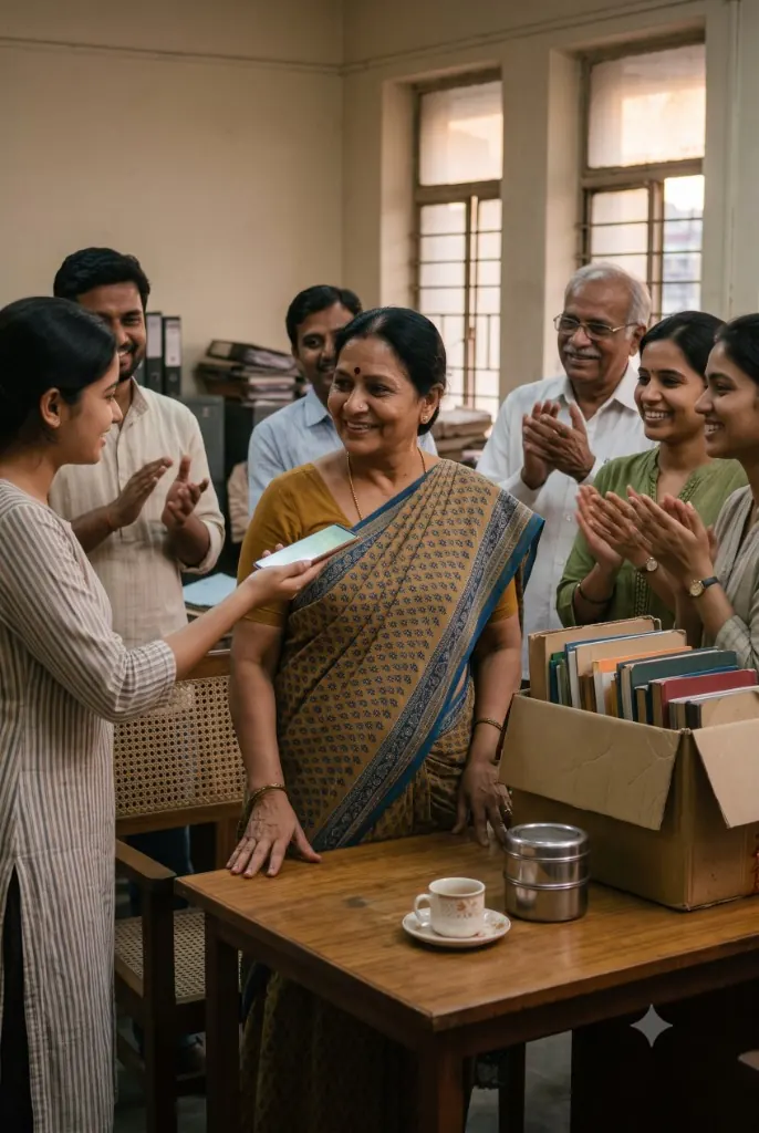 Colleagues clapping around a woman on her last day, a phone held out playing her farewell song