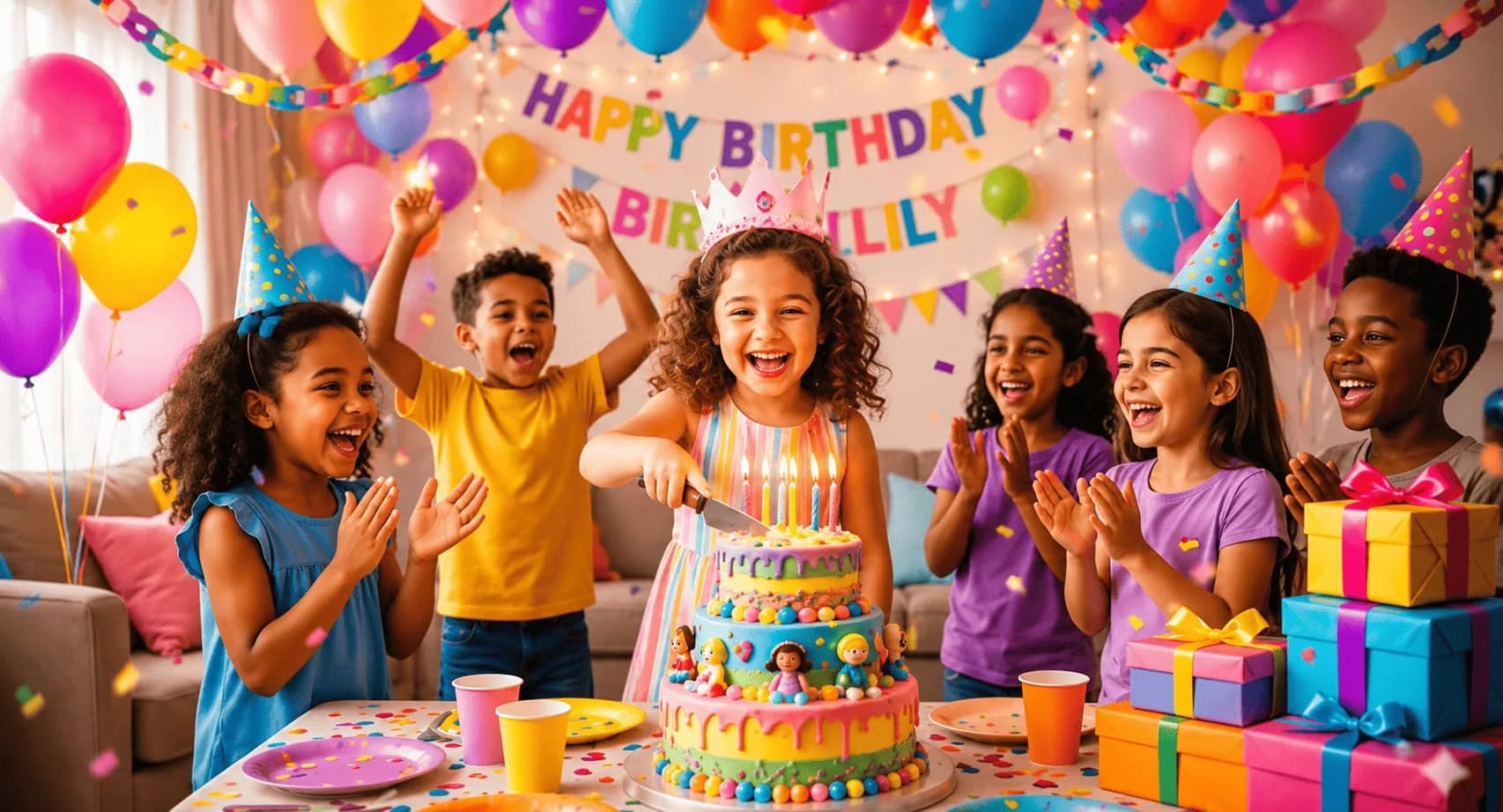 Child celebrating birthday with balloons and family