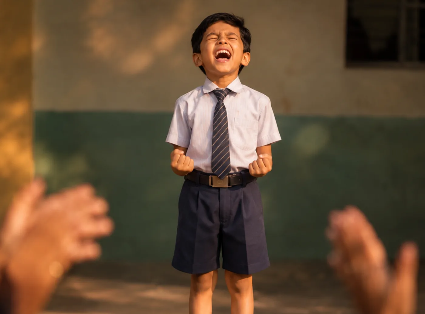 A boy in school uniform shouting with delight, fists clenched, as grown-ups applaud