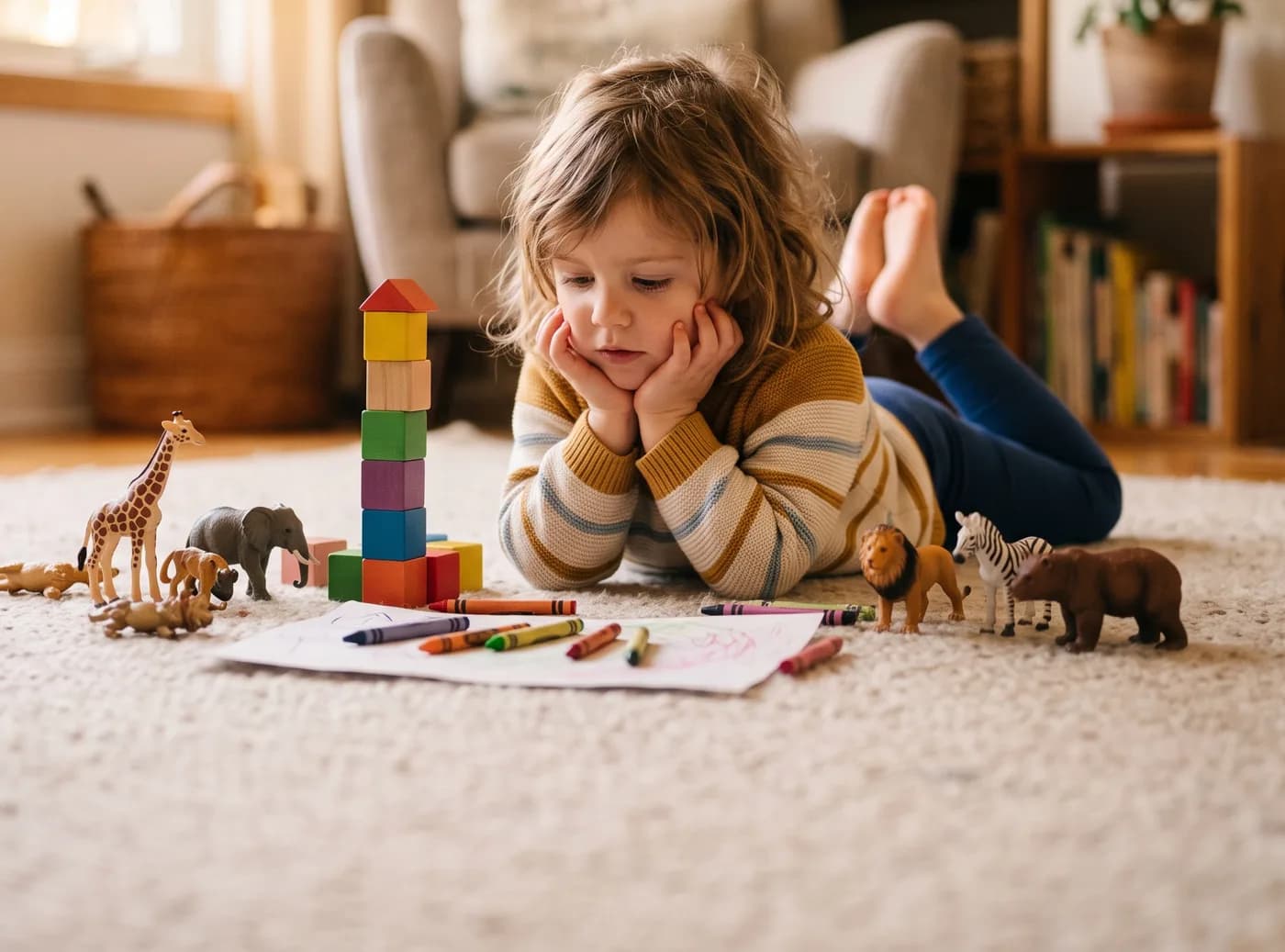 A child lying on the floor with their chin on their hands, absorbed in toy animals and crayons