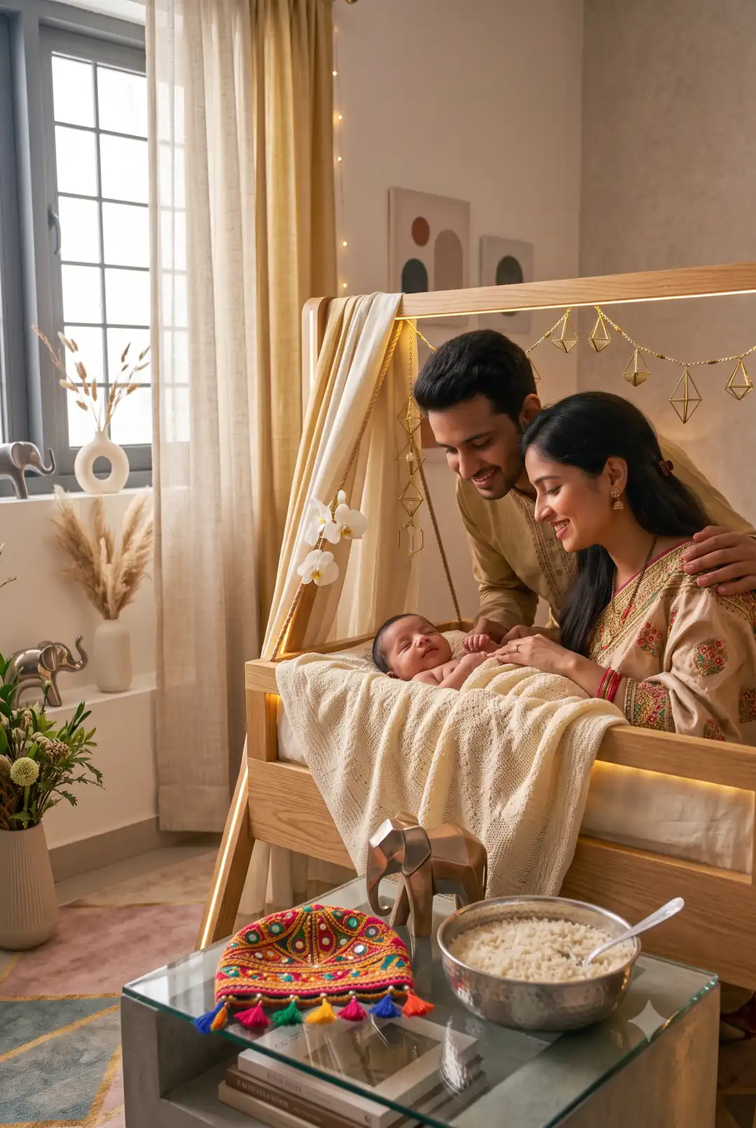 Parents leaning over a decorated cradle at a namkaran ceremony, their newborn asleep in morning light
