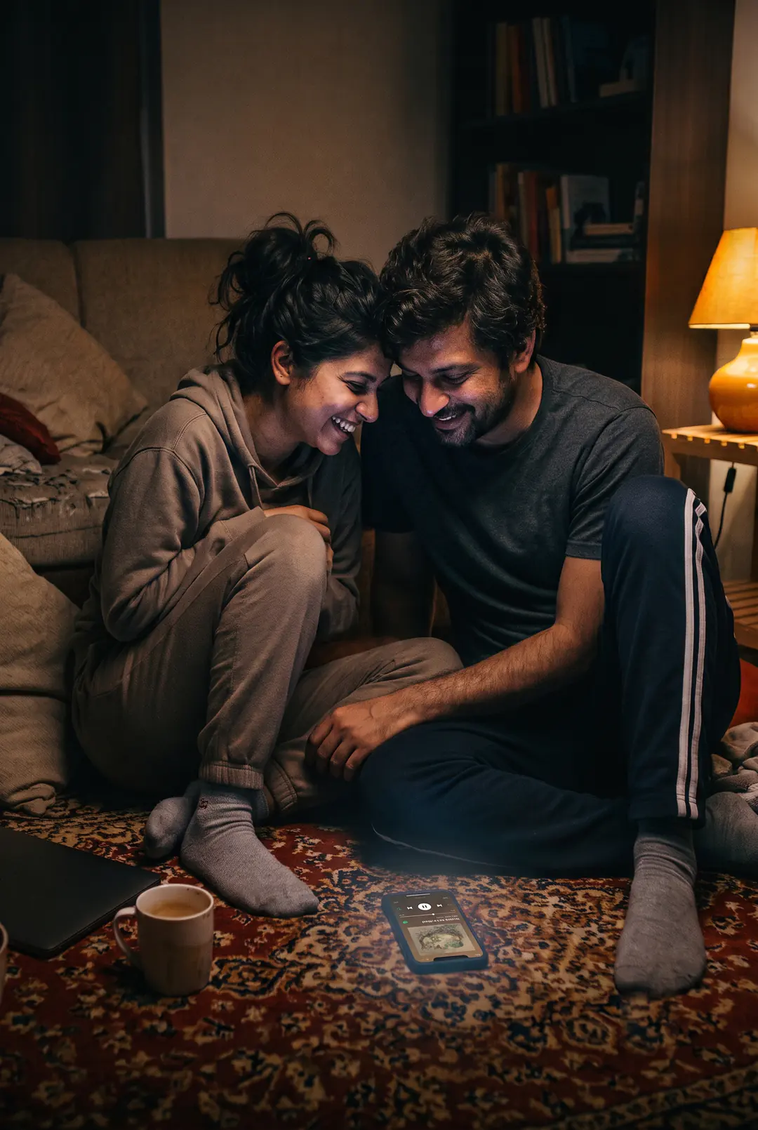 A couple sitting on the floor of their living room at night, laughing at a song playing from a phone between them