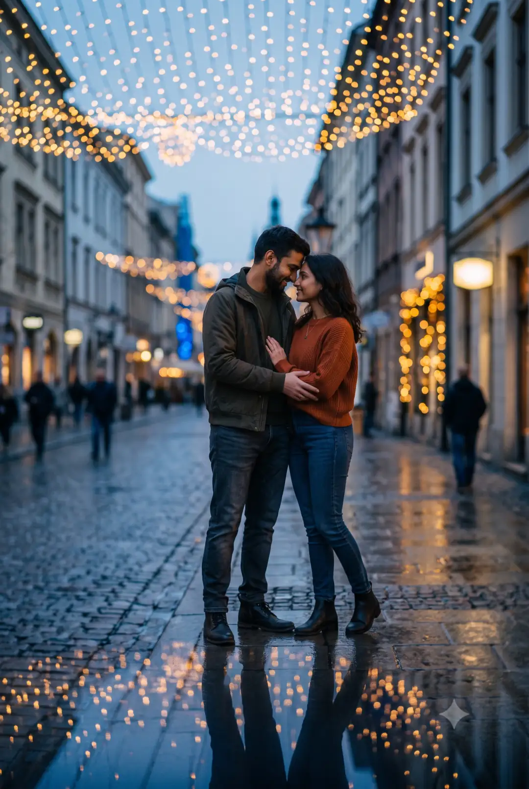 A young couple standing forehead to forehead on a lamplit street at dusk, string lights glowing behind them